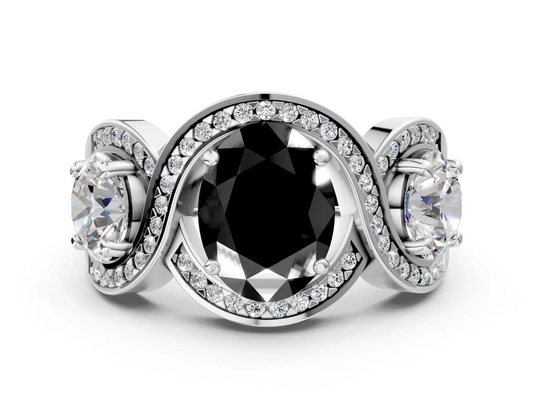 White gold Three-Stone Fancy Black Oval Cut Diamond Wave Pave Band with Prong Setting