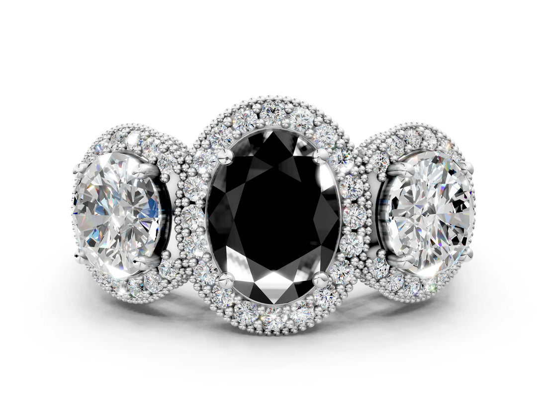 White gold Three-Stone Fancy Black Oval Cut Halo Diamond Milgrain Band with Four-Prong Setting
