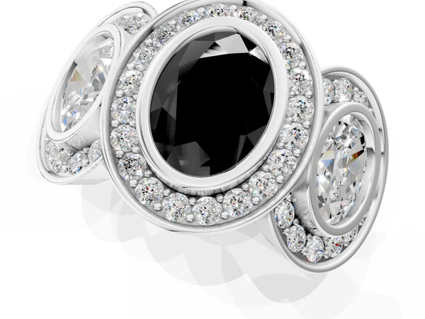 Platinum Oval Bezel Three Stone Halo Engagement Ring Setting for Black Center with Pave Shoulders