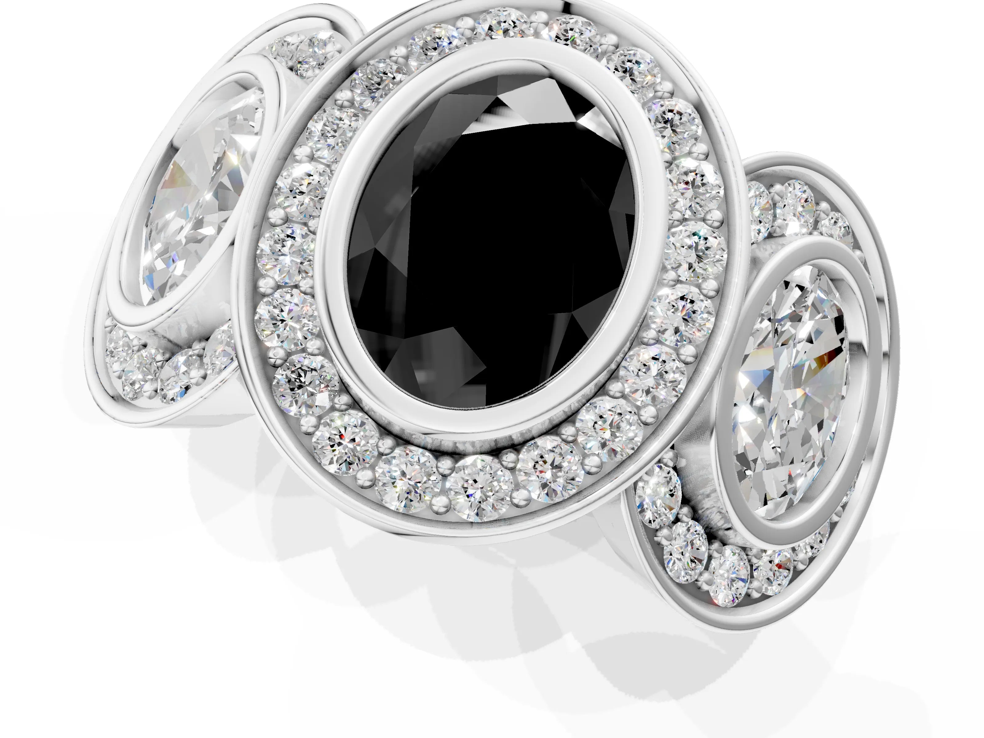White gold Three-Stone Fancy Black Oval Cut Halo Pavé Diamond Ring_1