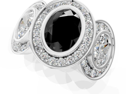 White gold Three-Stone Fancy Black Oval Cut Halo Pavé Diamond Ring_1