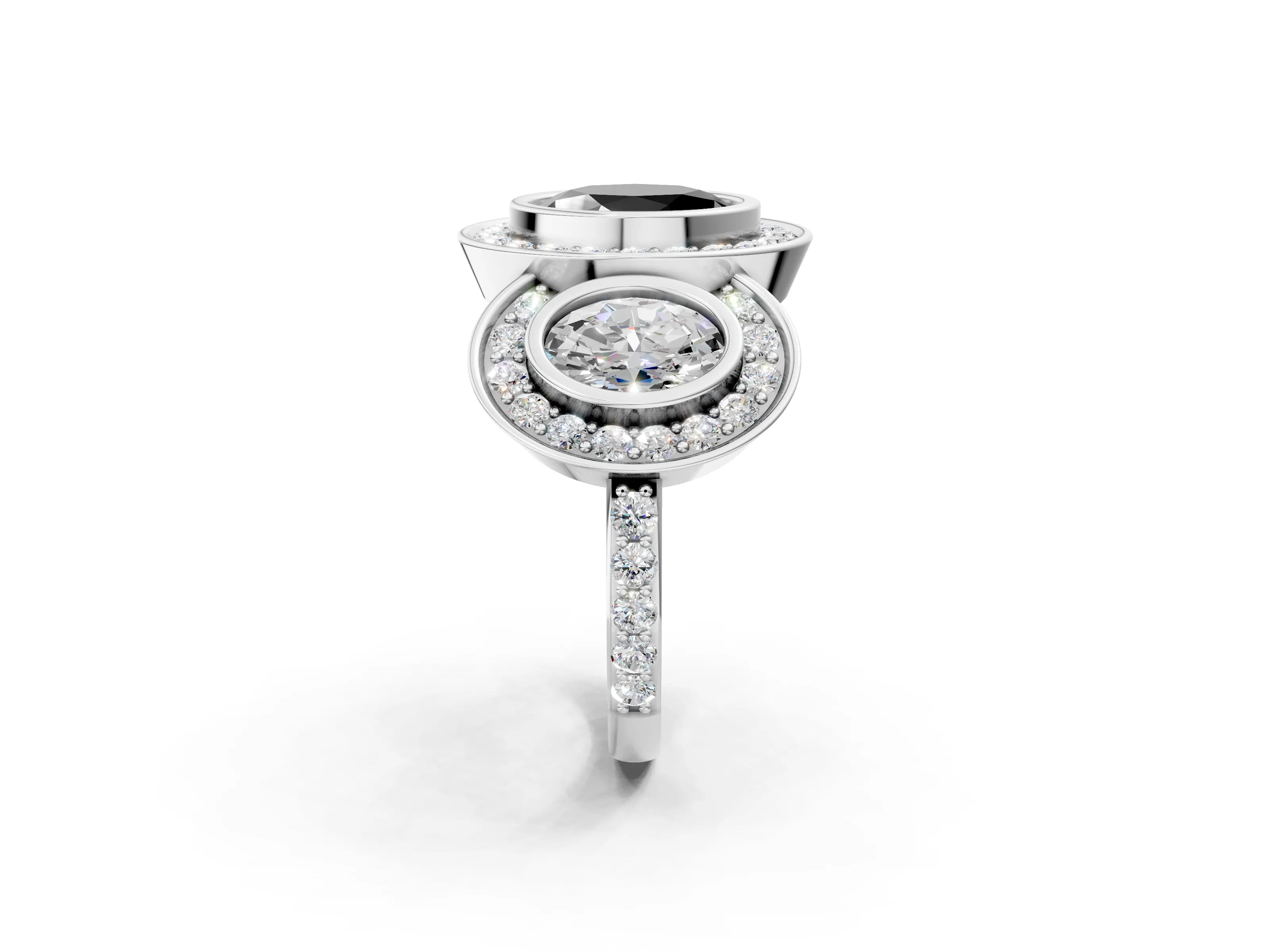 White gold Three-Stone Fancy Black Oval Cut Halo Pavé Diamond Ring_2