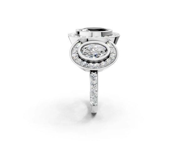 Sterling Silver Oval Bezel Three Stone Halo Engagement Ring Setting for Black Center