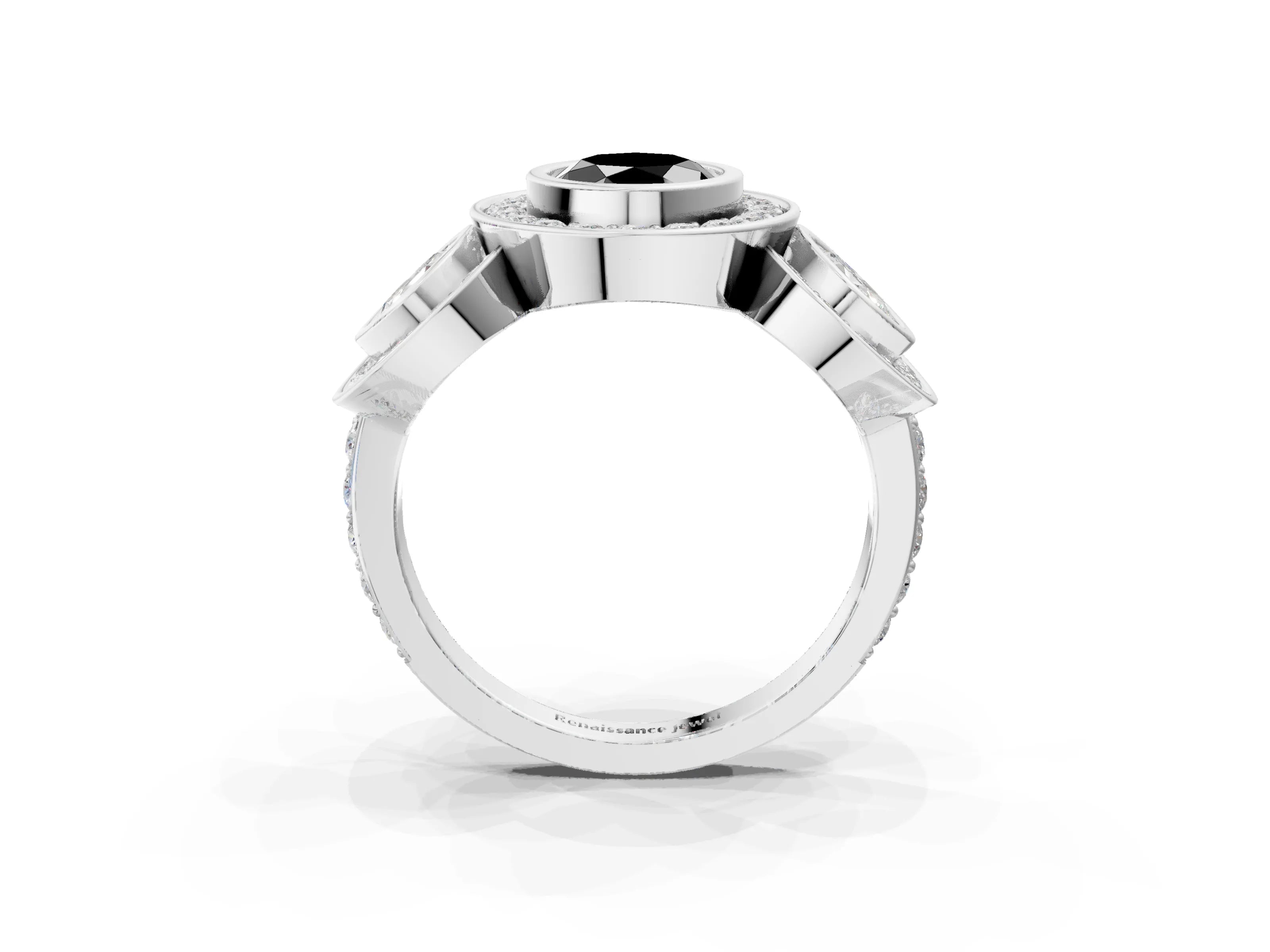 White gold Three-Stone Fancy Black Oval Cut Halo Pavé Diamond Ring_3