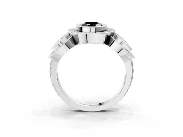 Platinum Oval Bezel Three Stone Halo Engagement Ring Setting for Black Center with Pave Shoulders