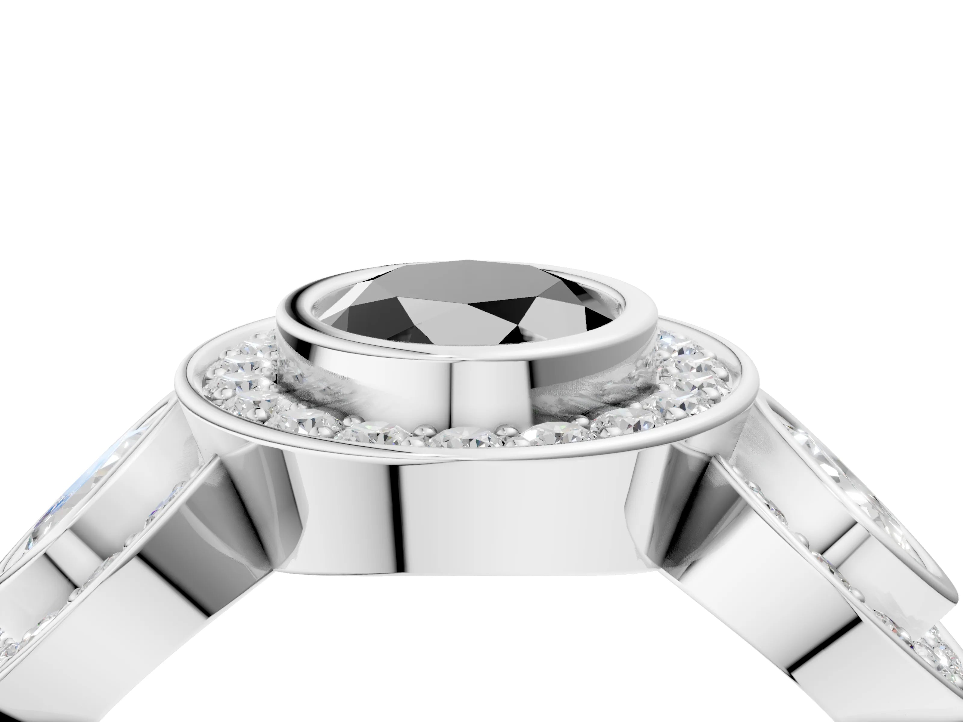 White gold Three-Stone Fancy Black Oval Cut Halo Pavé Diamond Ring_4