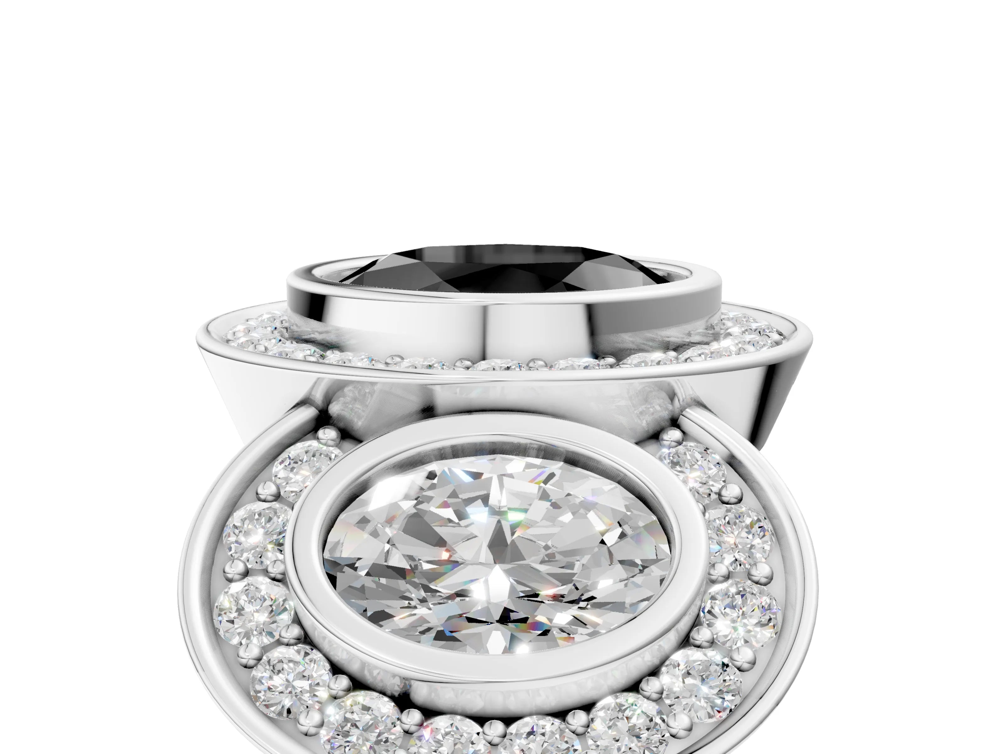 White gold Three-Stone Fancy Black Oval Cut Halo Pavé Diamond Ring_5