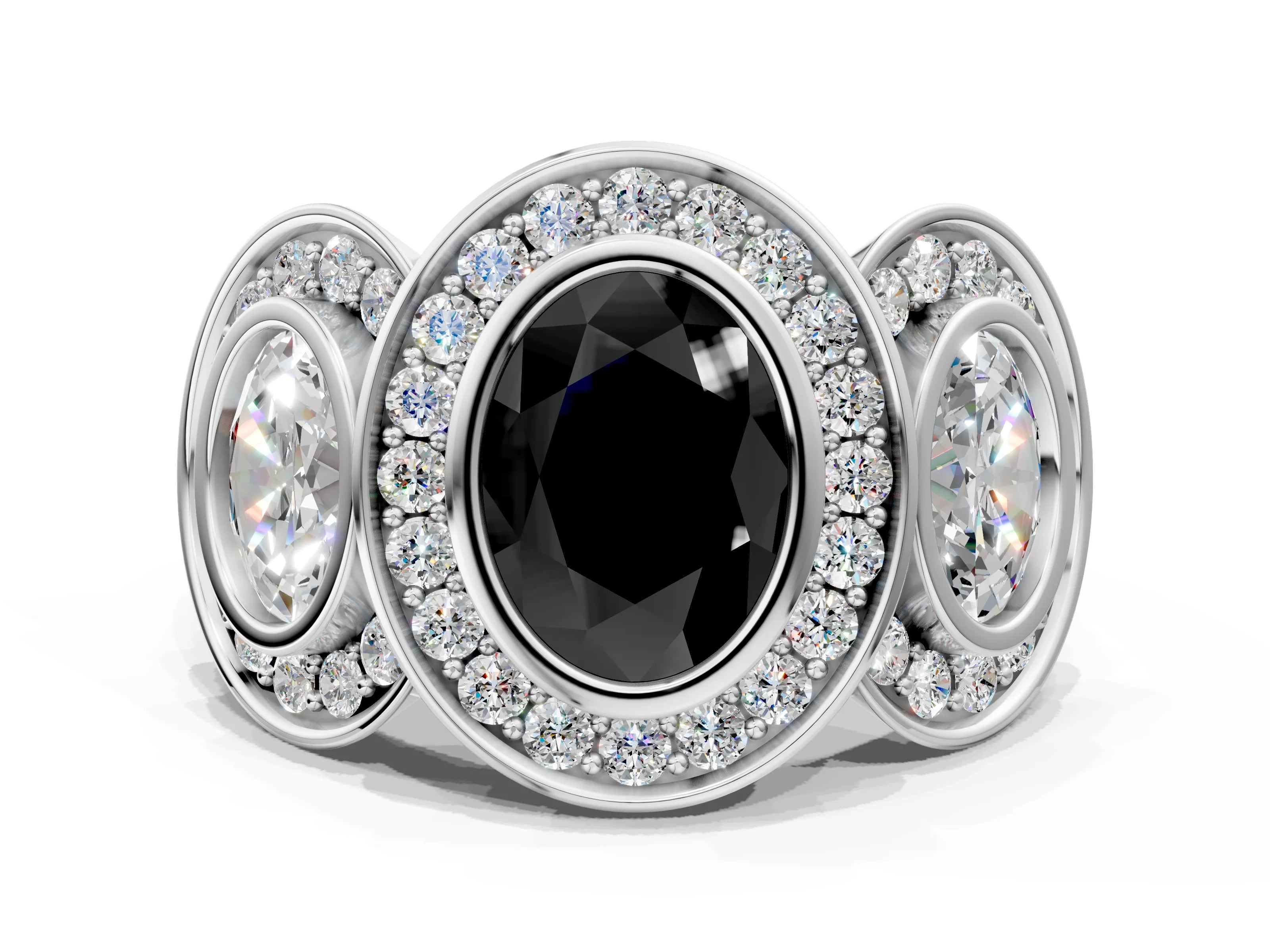 White gold Three-Stone Fancy Black Oval Cut Halo Pavé Diamond Ring