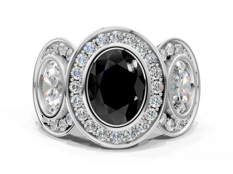 White gold Three-Stone Fancy Black Oval Cut Halo Pavé Diamond Ring