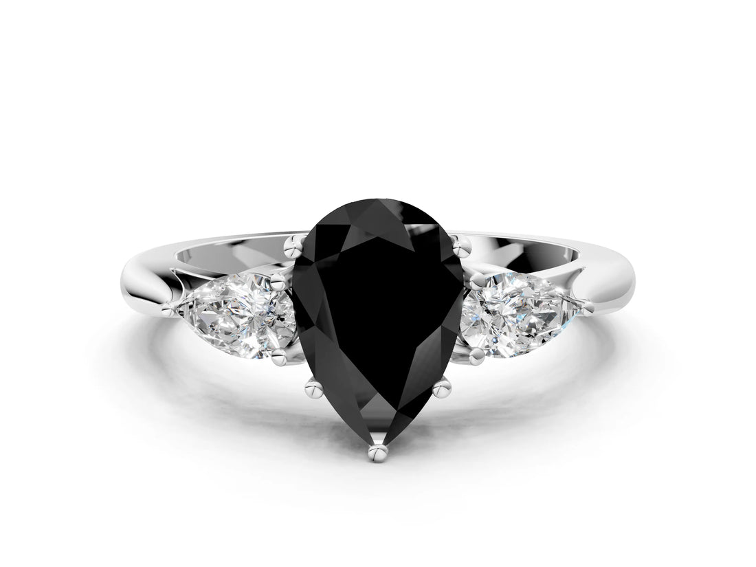 White gold Three-Stone Fancy Black Pear Cut Brilliant Diamond Solitaire Ring with Tapered Band and Four-Prong Setting_19