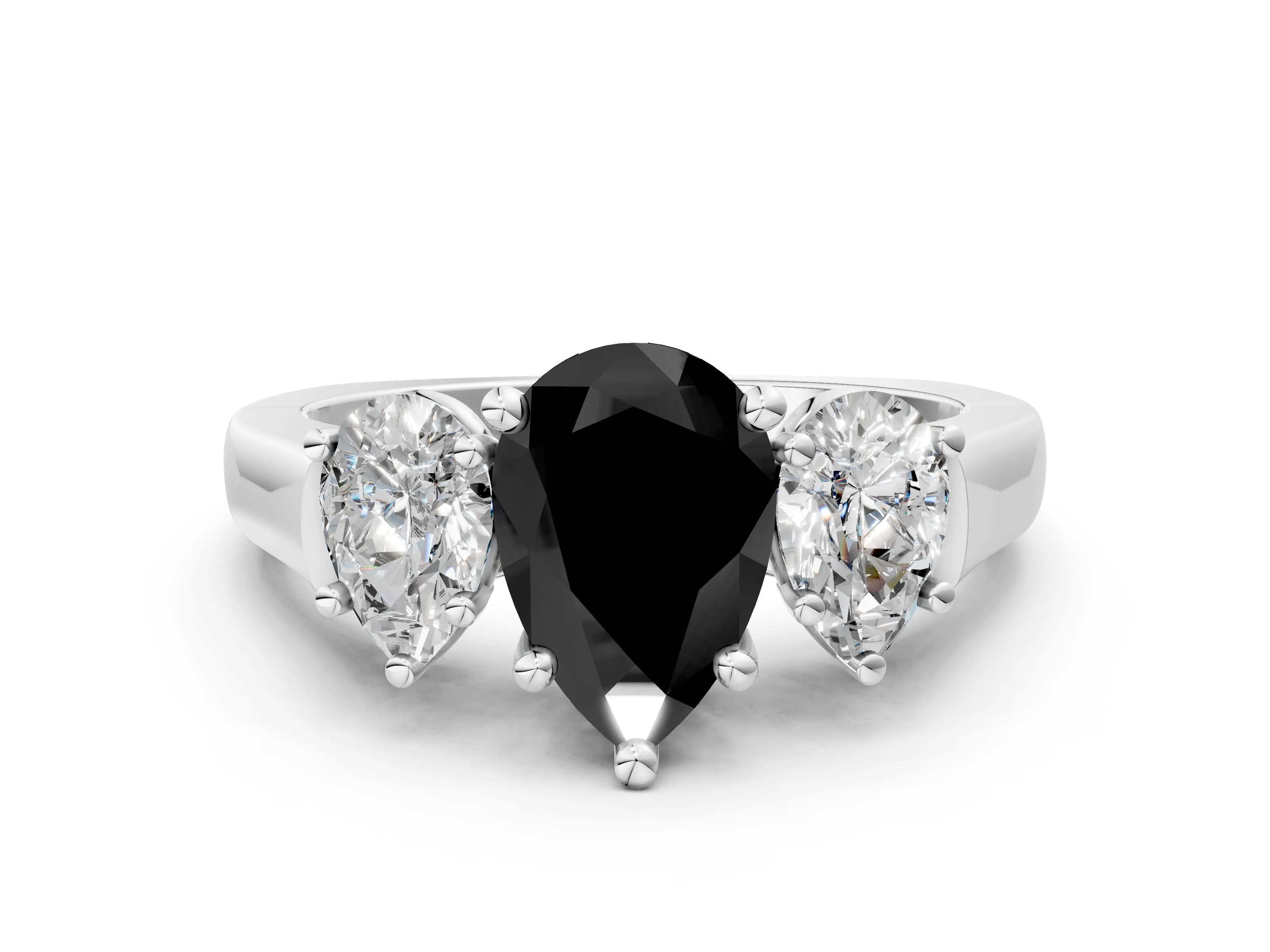 White gold Three-Stone Fancy Black Pear Cut Brilliant Diamond Trellis Ring with Comfort Fit Band_12