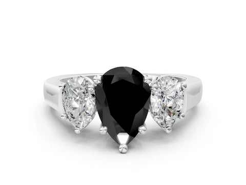 White gold Three-Stone Fancy Black Pear Cut Brilliant Diamond Trellis Ring with Comfort Fit Band_12