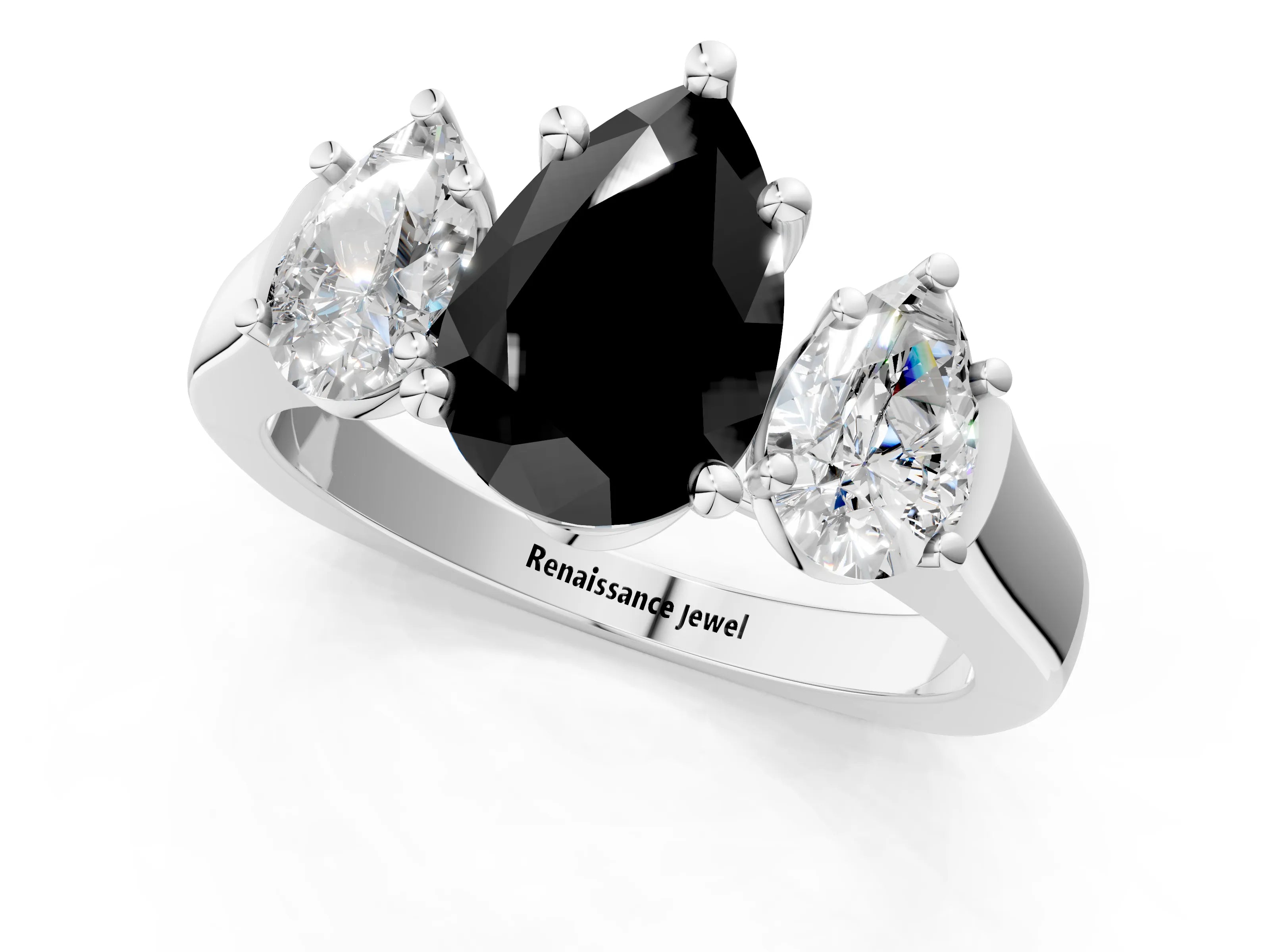 White gold Three-Stone Fancy Black Pear Cut Brilliant Diamond Trellis Ring with Comfort Fit Band_13