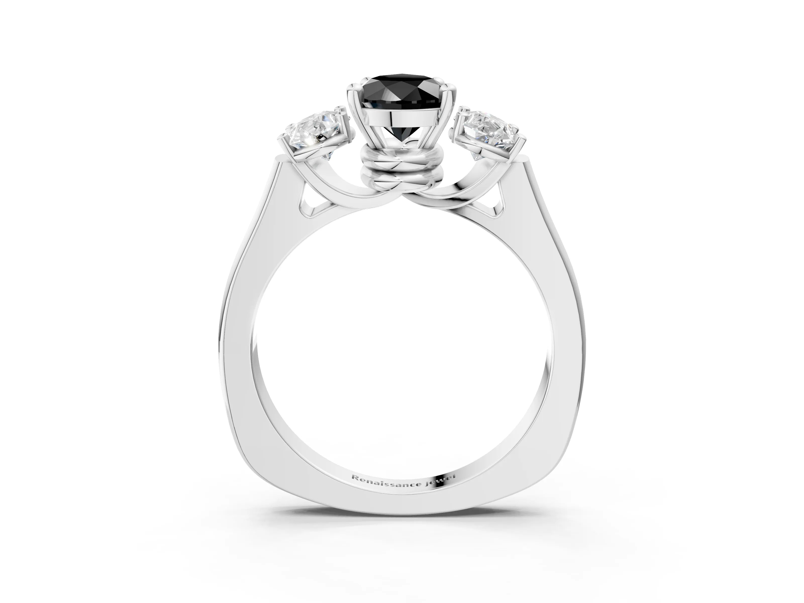 White gold Three-Stone Fancy Black Pear Cut Brilliant Diamond Trellis Ring with Comfort Fit Band_15