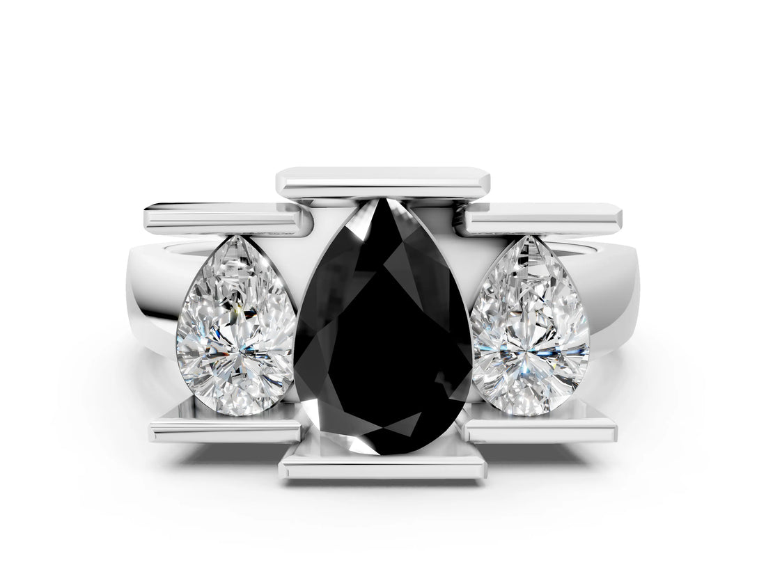 White gold Three Stone Fancy Black Pear Cut Cut Channel Set Diamond Ring_24
