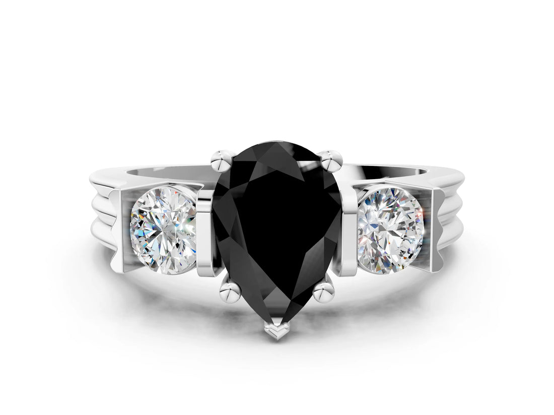 White gold Three-Stone Fancy Black Pear Cut Cut Classic Band Prong Setting Ring