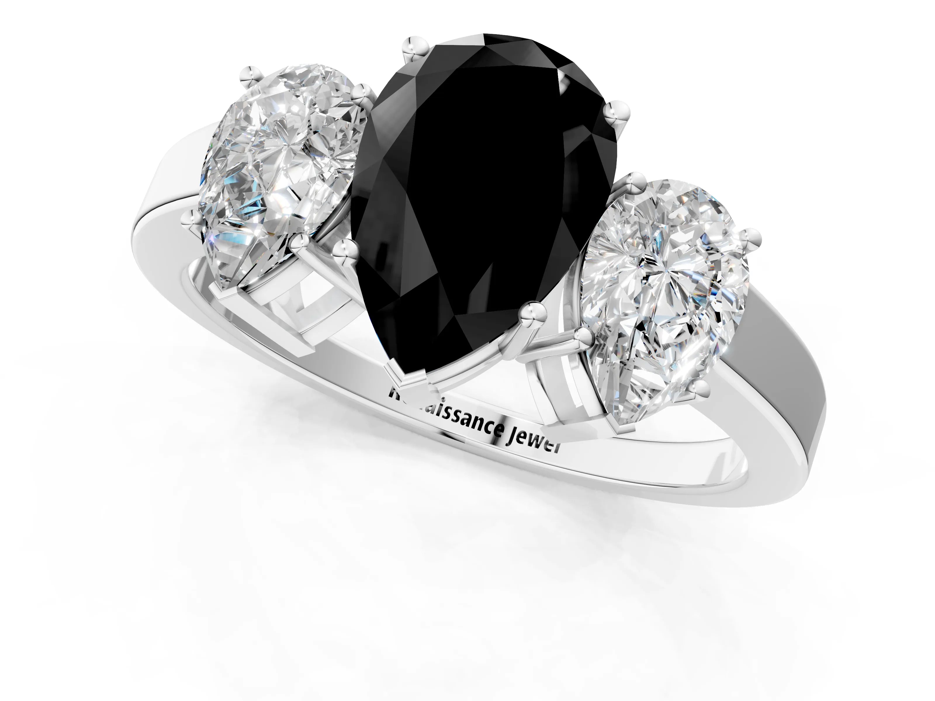 White gold Three-Stone Fancy Black Pear Cut Cut Diamond Engagement Ring with Flat Band and Four-Prong Setting_1