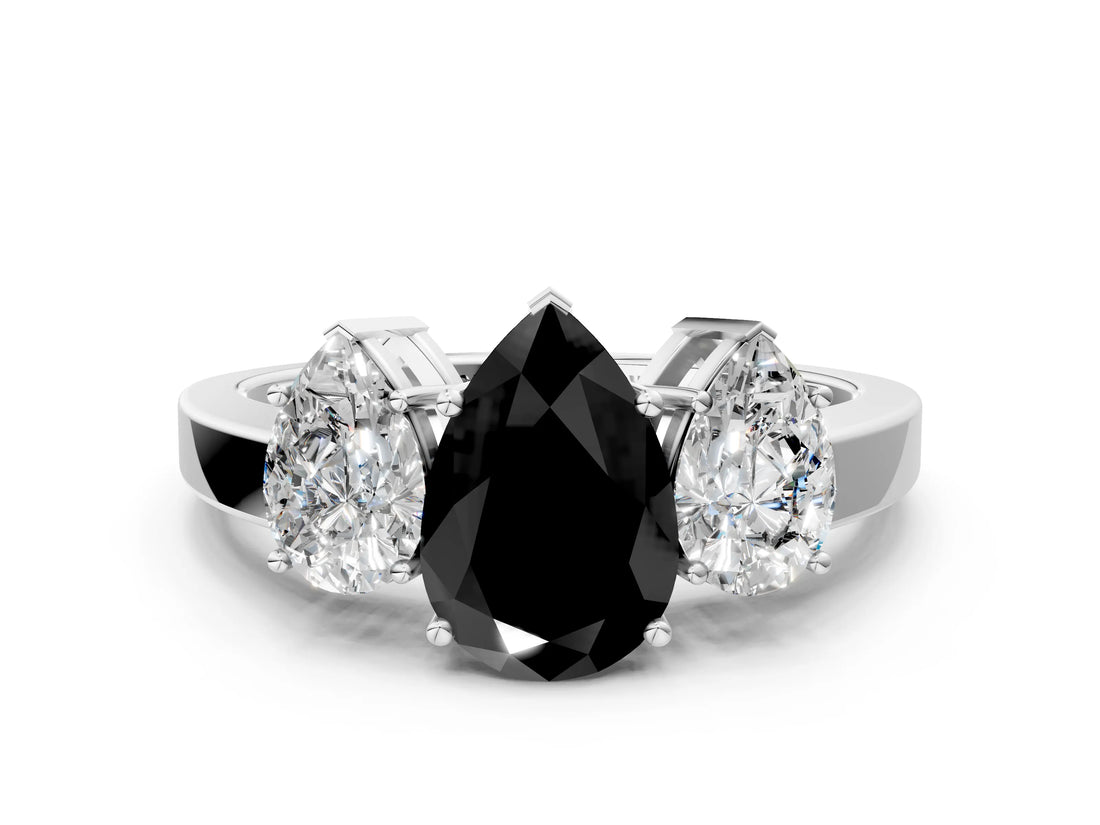 White gold Three-Stone Fancy Black Pear Cut Cut Diamond Engagement Ring with Flat Band and Four-Prong Setting_13