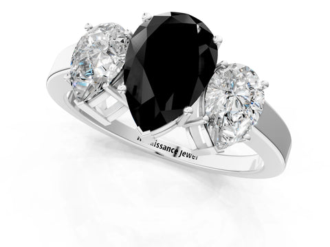 White gold Three-Stone Fancy Black Pear Cut Cut Diamond Engagement Ring with Flat Band and Four-Prong Setting_19