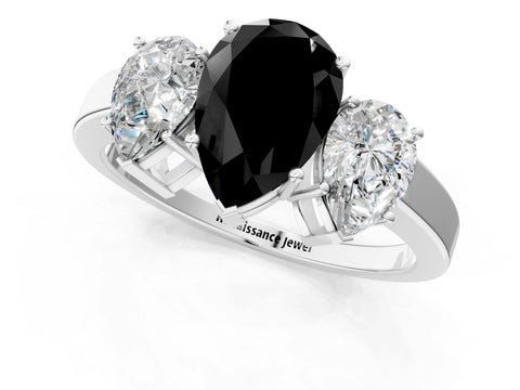 White gold Three-Stone Fancy Black Pear Cut Cut Diamond Engagement Ring with Flat Band and Four-Prong Setting_1