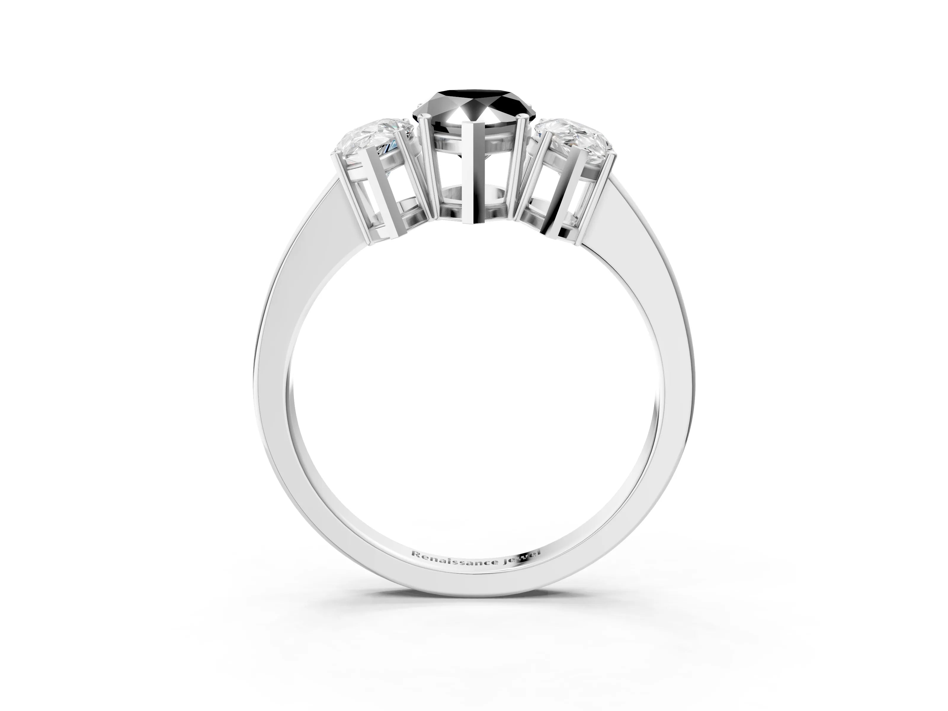 White gold Three-Stone Fancy Black Pear Cut Cut Diamond Engagement Ring with Flat Band and Four-Prong Setting_3