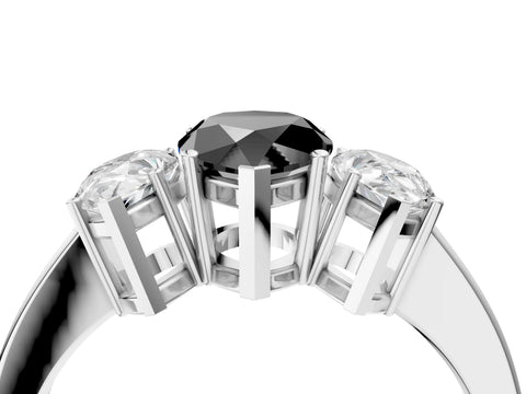 White gold Three-Stone Fancy Black Pear Cut Cut Diamond Engagement Ring with Flat Band and Four-Prong Setting_4