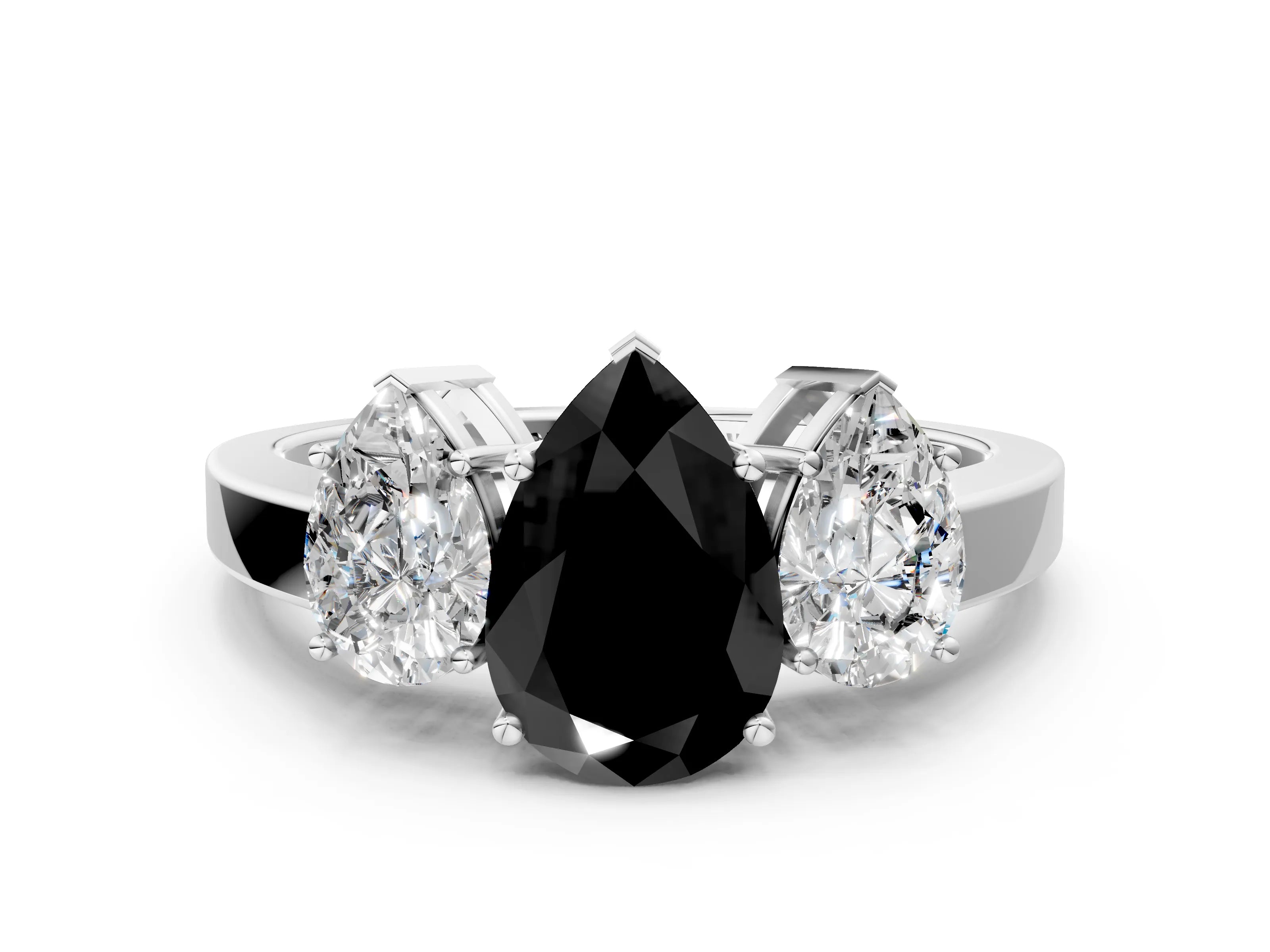 White gold Three-Stone Fancy Black Pear Cut Cut Diamond Engagement Ring with Flat Band and Four-Prong Setting