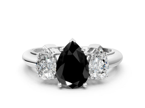 White gold Three-Stone Fancy Black Pear Cut Cut Diamond Engagement Ring with Prong Setting on a White Gold Band_12
