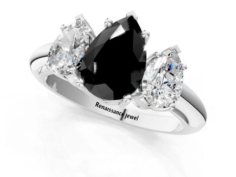 White gold Three-Stone Fancy Black Pear Cut Cut Diamond Engagement Ring with Prong Setting on a White Gold Band_13