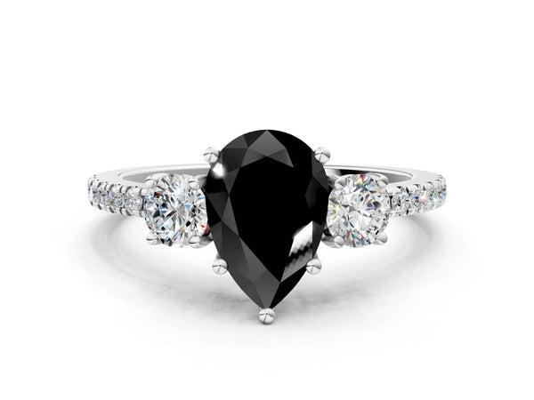Sterling Silver Pear-Shaped Three Stone Pave Band Engagement Ring Setting for Black Center