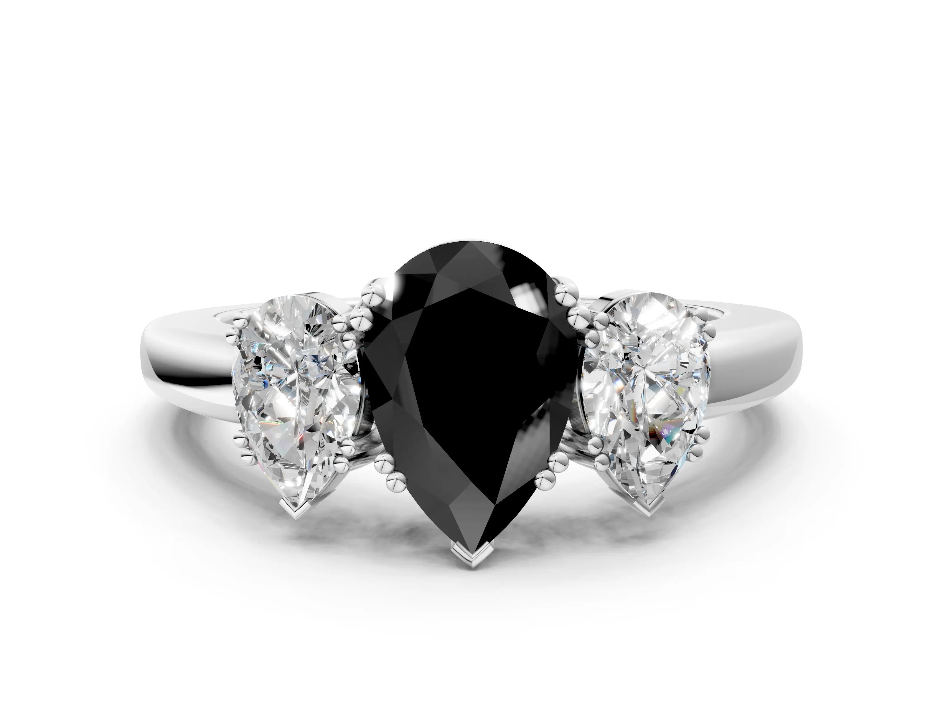White gold Three-Stone Fancy Black Pear Cut Cut Diamond Ring with Channel Set Band and Four-Prong Setting