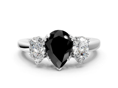 White gold Three-Stone Fancy Black Pear Cut Cut Diamond Ring with Channel Set Band and Four-Prong Setting