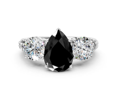 White gold Three-Stone Fancy Black Pear Cut Cut Diamond Ring with Channel-Set Band and Prong Setting_12