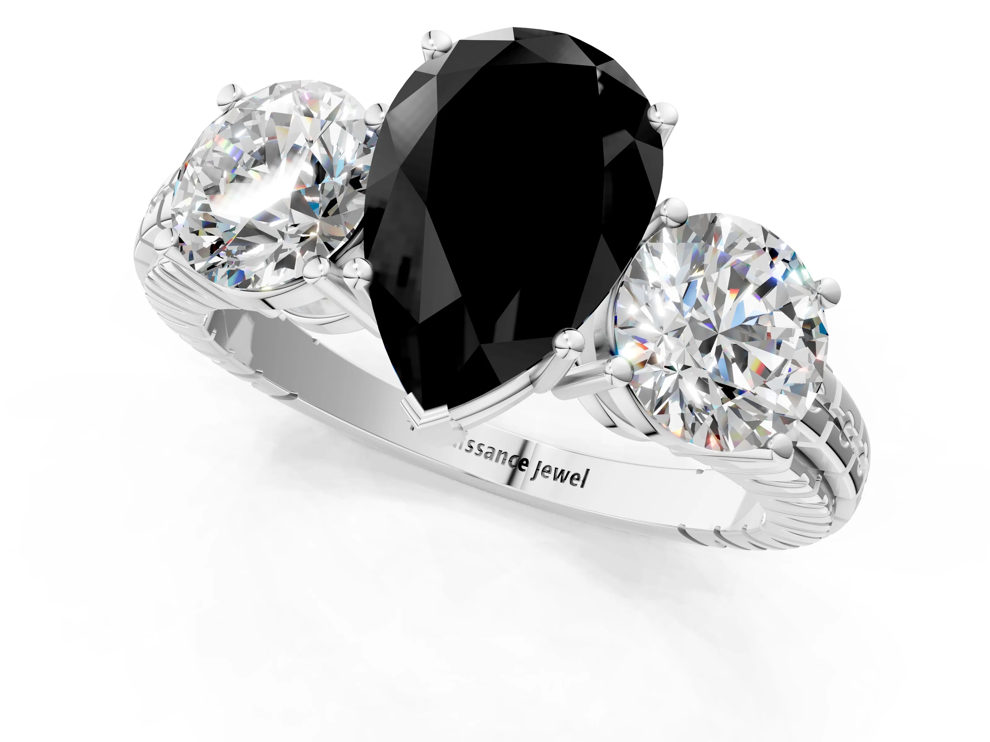 White gold Three-Stone Fancy Black Pear Cut Cut Diamond Ring with Channel-Set Band and Prong Setting_1