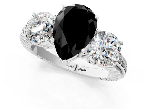 White gold Three-Stone Fancy Black Pear Cut Cut Diamond Ring with Channel-Set Band and Prong Setting_1