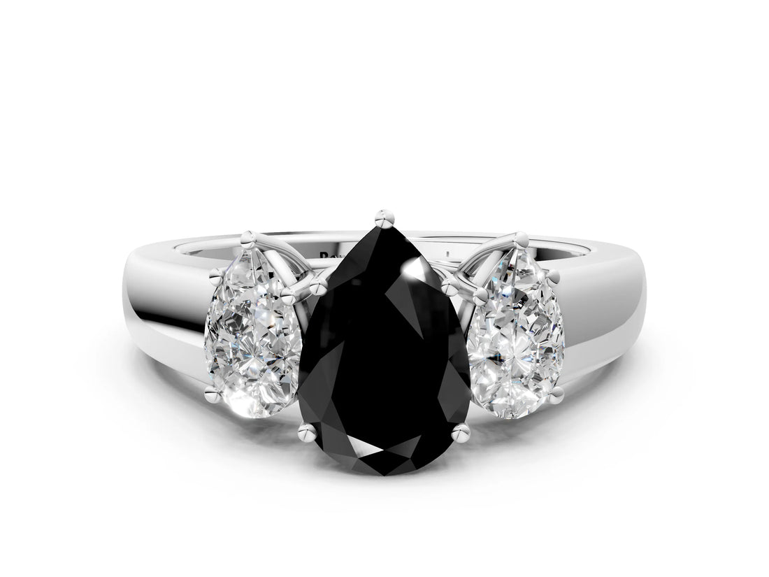 White gold Three-Stone Fancy Black Pear Cut Cut Diamond Ring with Prong Setting and Classic Band