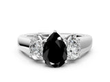 White gold Three-Stone Fancy Black Pear Cut Cut Diamond Ring with Prong Setting and Classic Band
