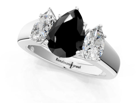 White gold Three-Stone Fancy Black Pear Cut Cut Diamond Ring with Prong Setting and Classic Band_1