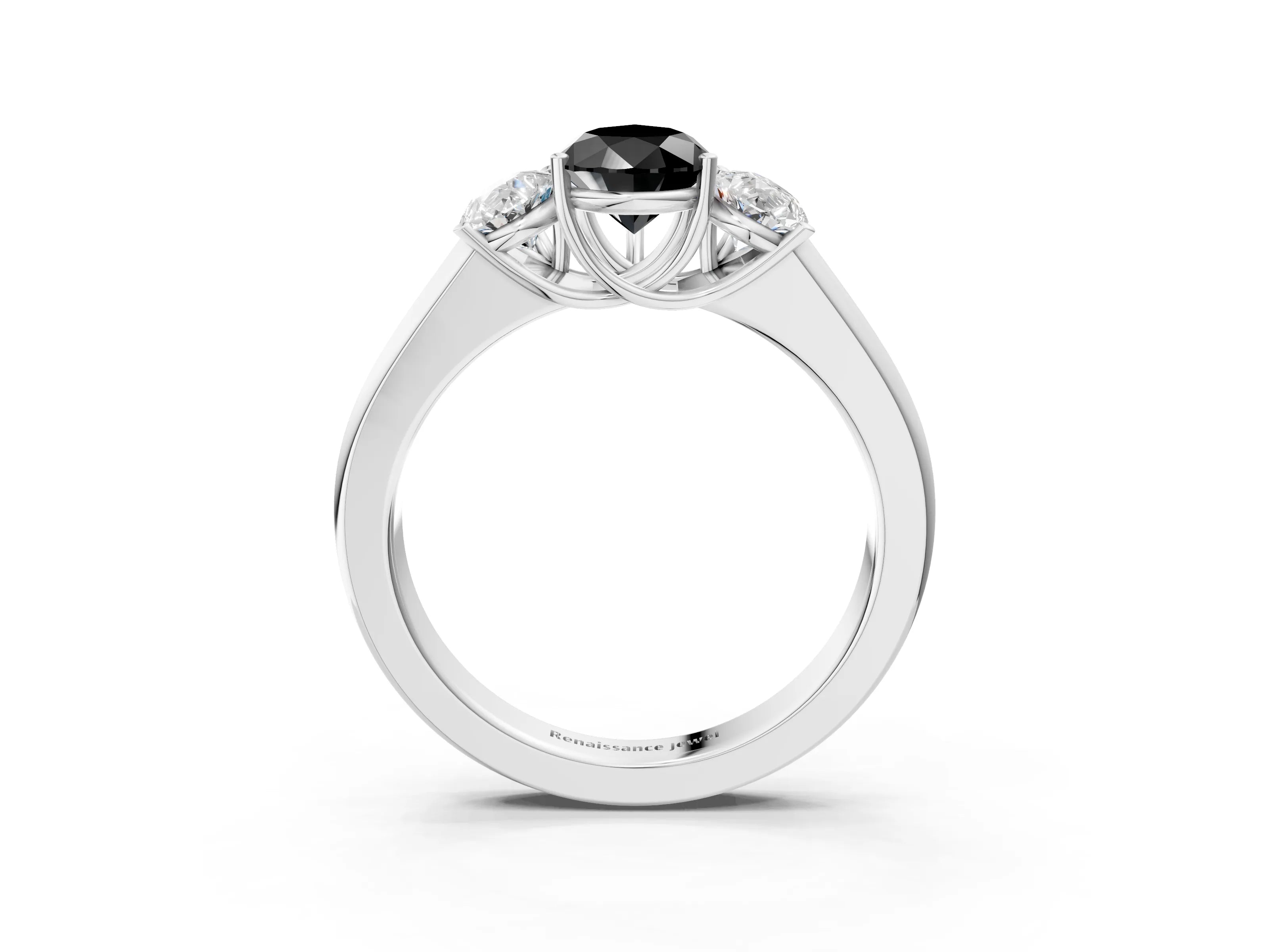 White gold Three-Stone Fancy Black Pear Cut Cut Diamond Ring with Prong Setting and Classic Band_3