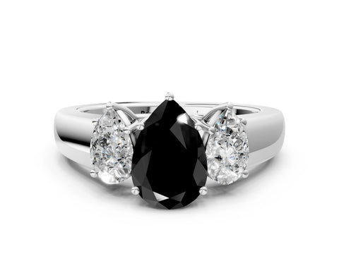 White gold Three-Stone Fancy Black Pear Cut Cut Diamond Ring with Prong Setting and Classic Band