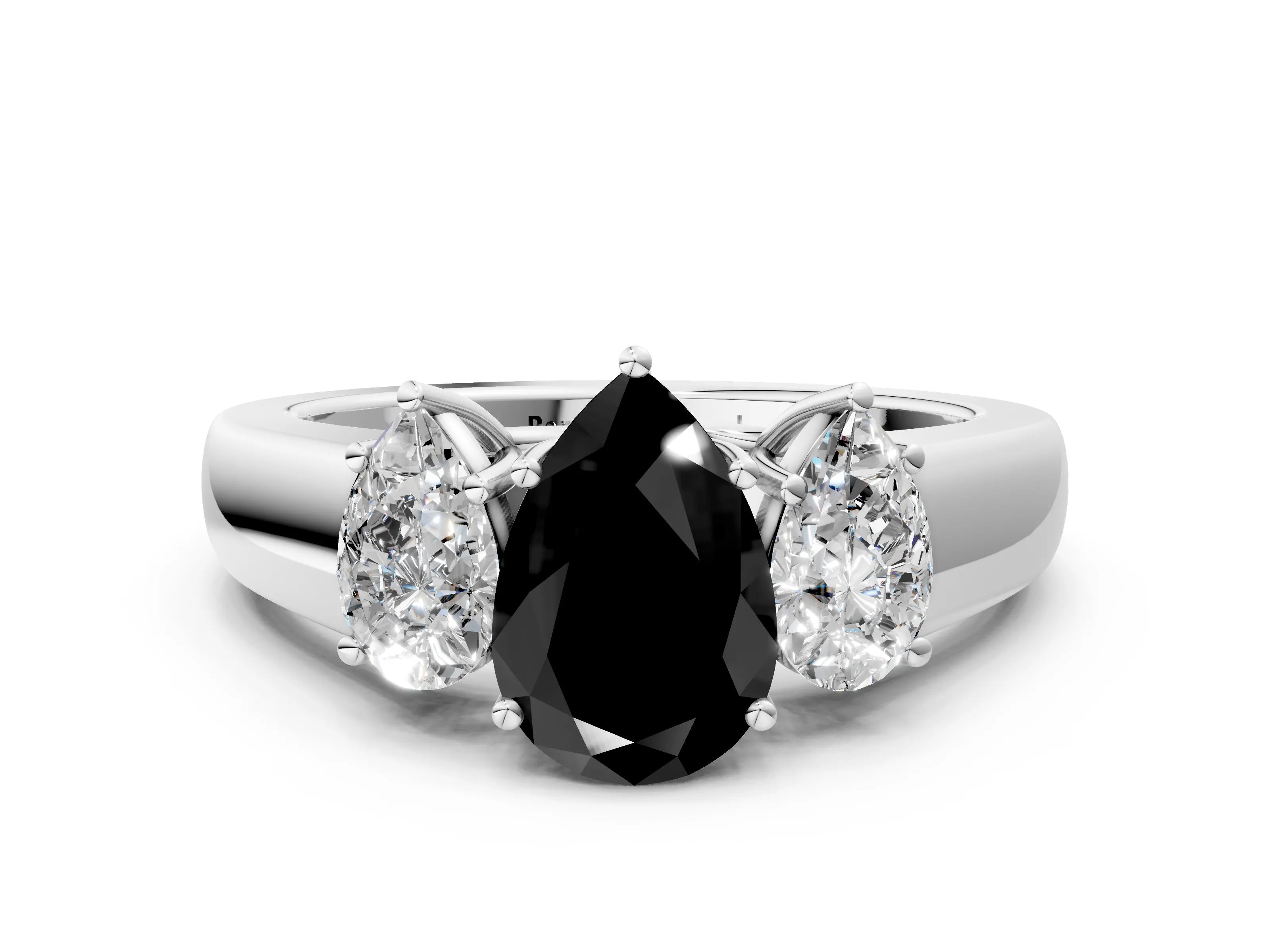 White gold Three-Stone Fancy Black Pear Cut Cut Diamond Ring with Prong Setting and Classic Band