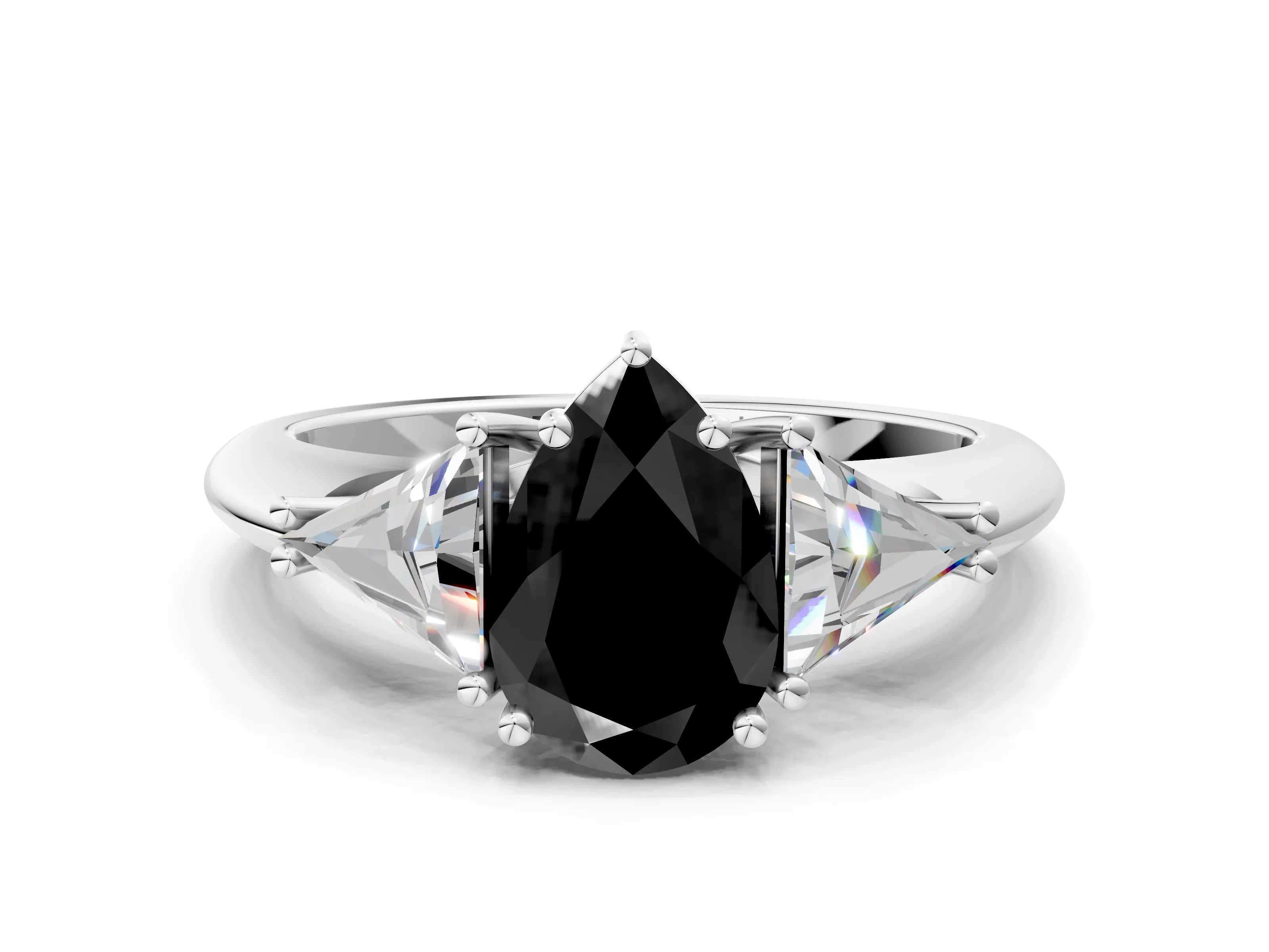 White gold Three-Stone Fancy Black Pear Cut Cut Diamond Ring with Trillion Side Stones and Four-Prong Setting_11