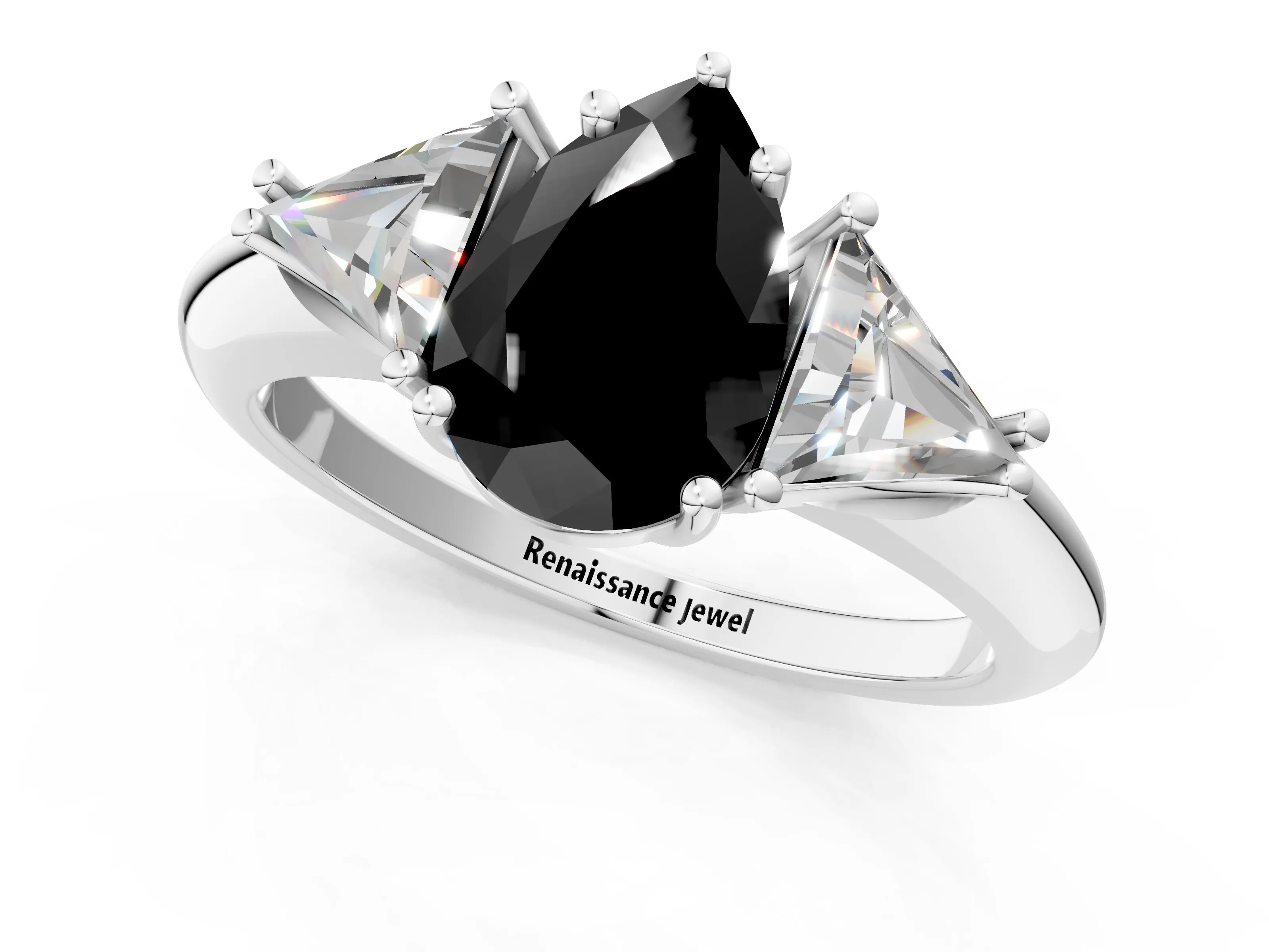 White gold Three-Stone Fancy Black Pear Cut Cut Diamond Ring with Trillion Side Stones and Four-Prong Setting_12