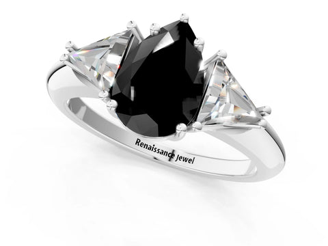 White gold Three-Stone Fancy Black Pear Cut Cut Diamond Ring with Trillion Side Stones and Four-Prong Setting_12