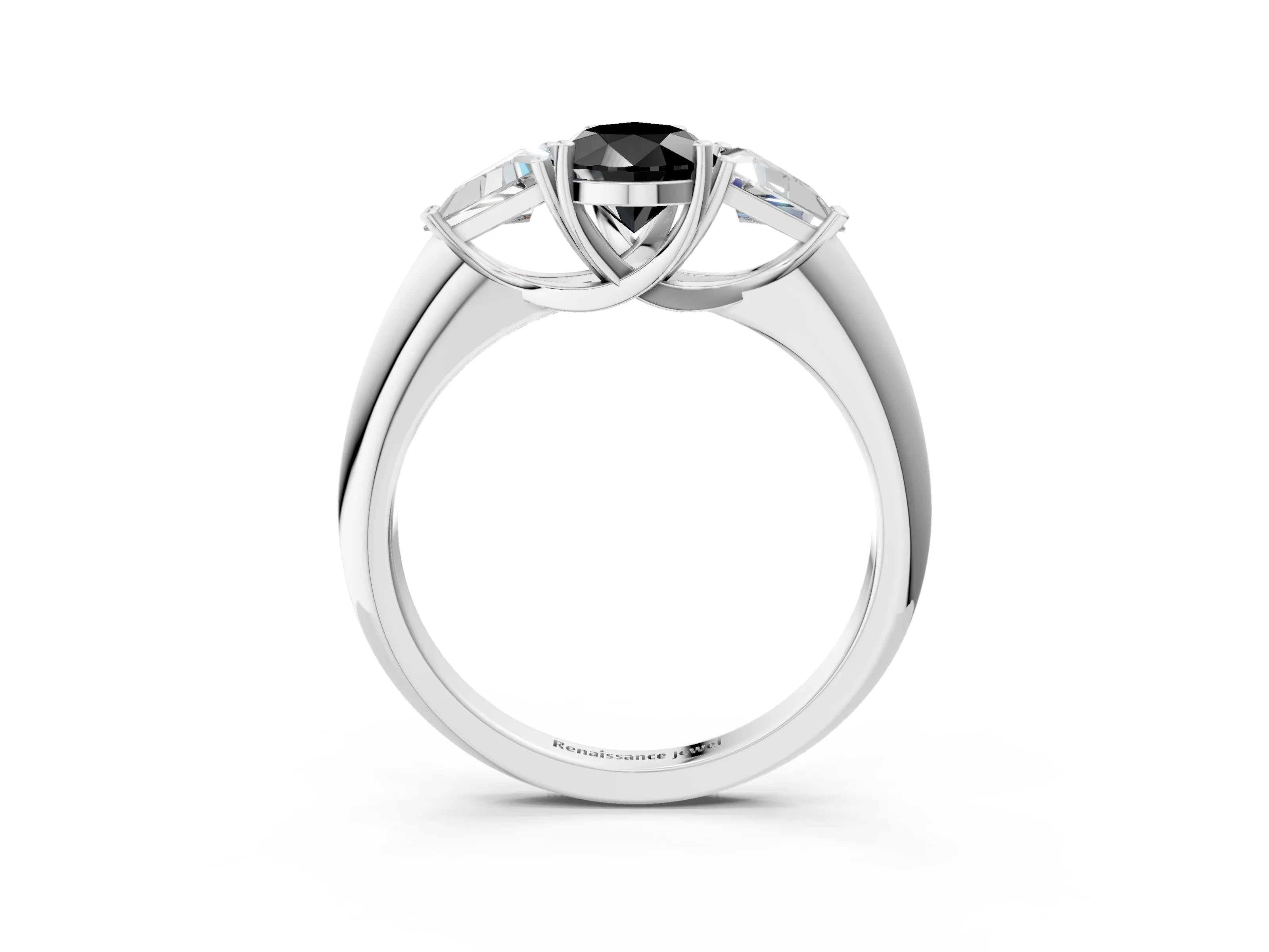 White gold Three-Stone Fancy Black Pear Cut Cut Diamond Ring with Trillion Side Stones and Four-Prong Setting_14