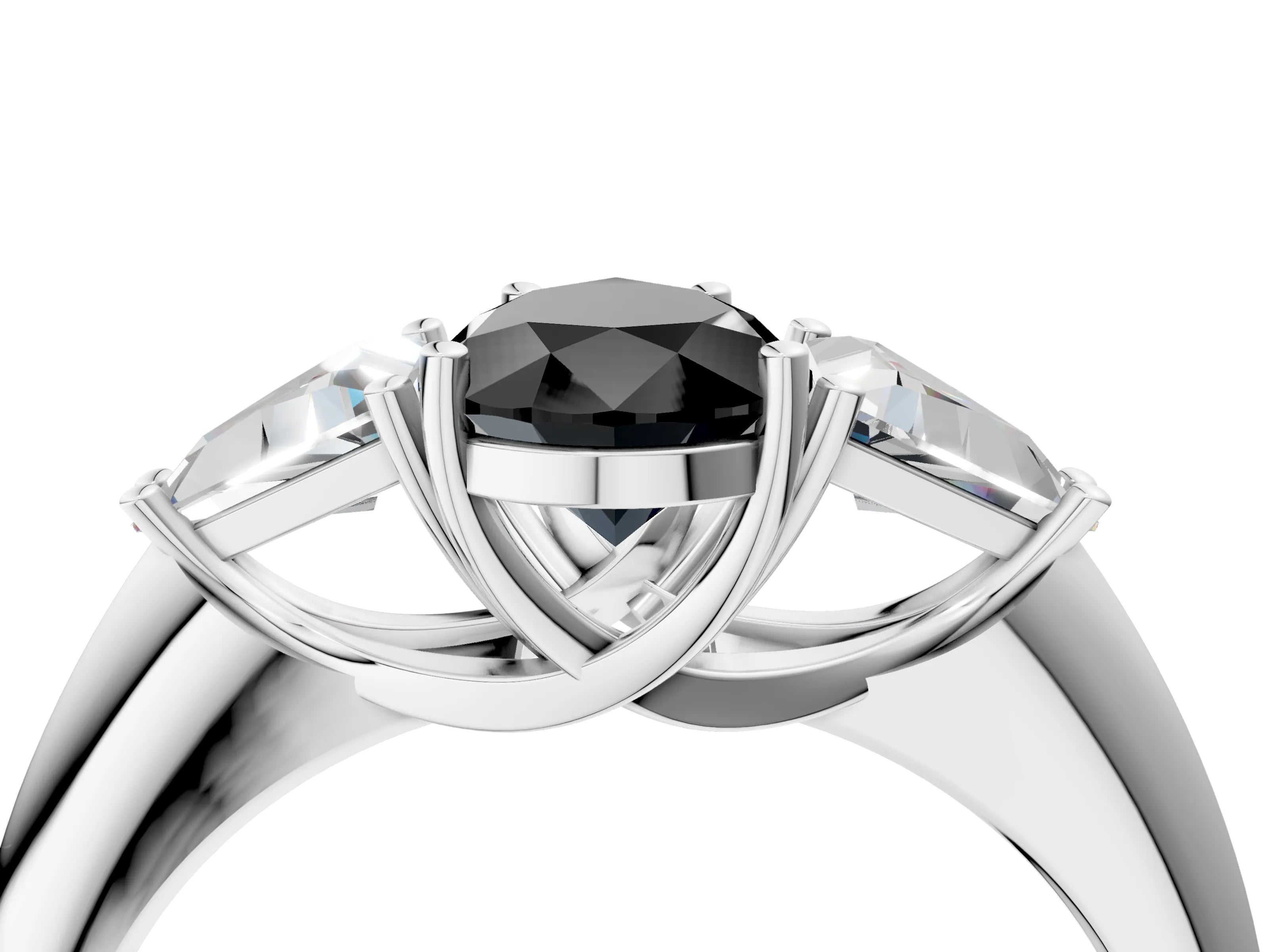 White gold Three-Stone Fancy Black Pear Cut Cut Diamond Ring with Trillion Side Stones and Four-Prong Setting_15