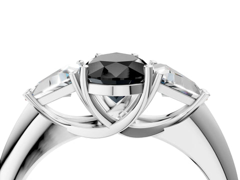 White gold Three-Stone Fancy Black Pear Cut Cut Diamond Ring with Trillion Side Stones and Four-Prong Setting_15