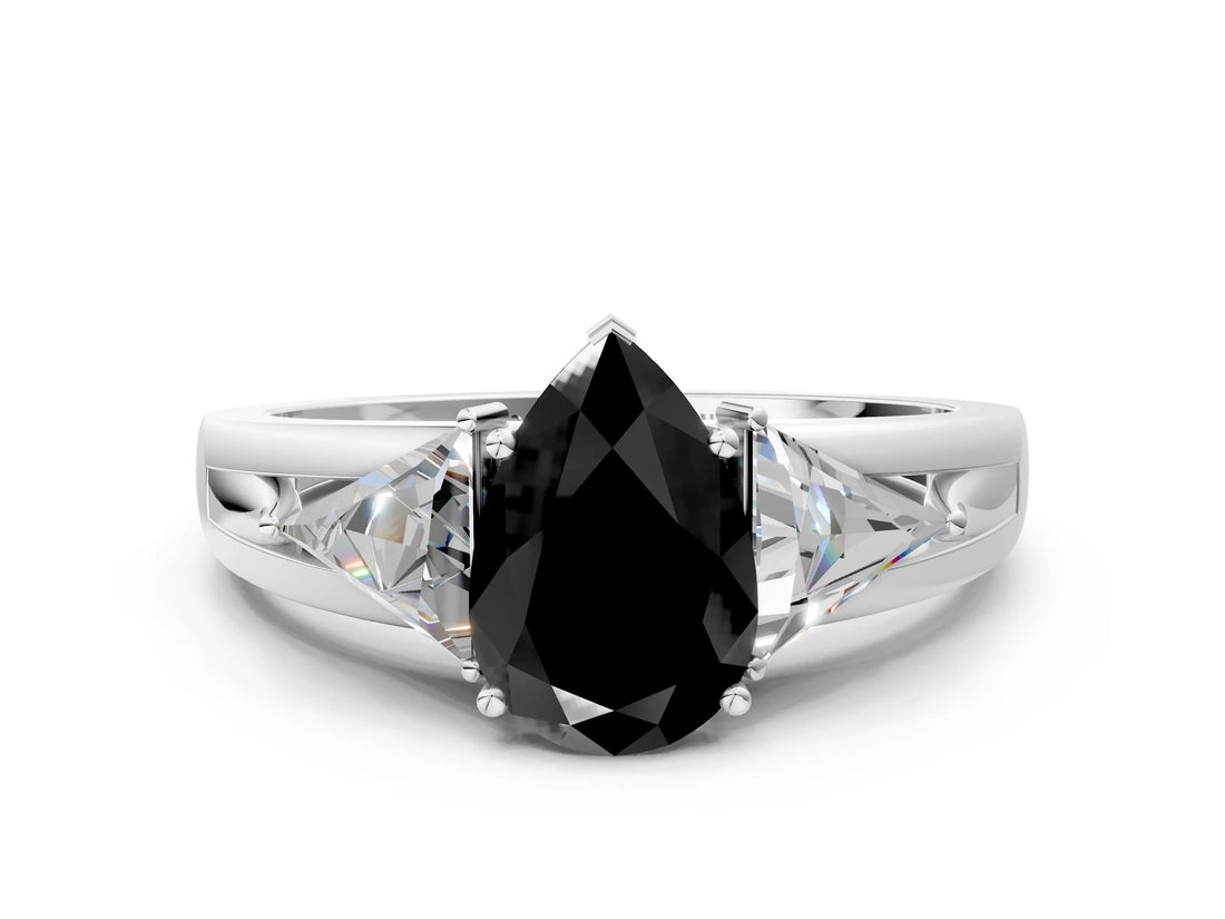 White gold Three-Stone Fancy Black Pear Cut Cut Diamond Ring with Trillion Side Stones on a Split Shank Band