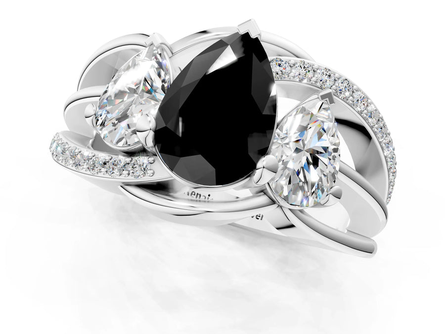 White gold Three-Stone Fancy Black Pear Cut Cut Diamond Split Shank Prong Set Ring