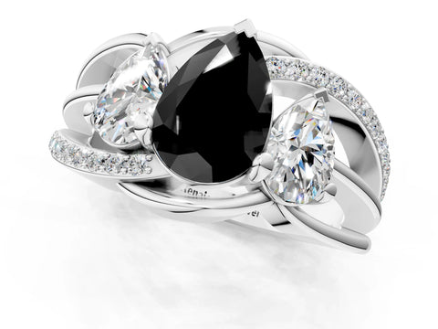 White gold Three-Stone Fancy Black Pear Cut Cut Diamond Split Shank Prong Set Ring_1